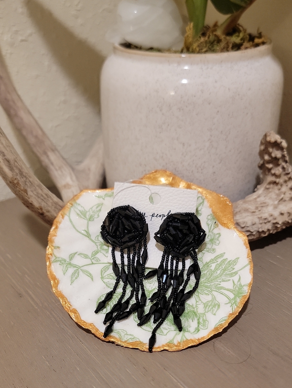 Free People Black Beaded Fringe Dangle Earrings